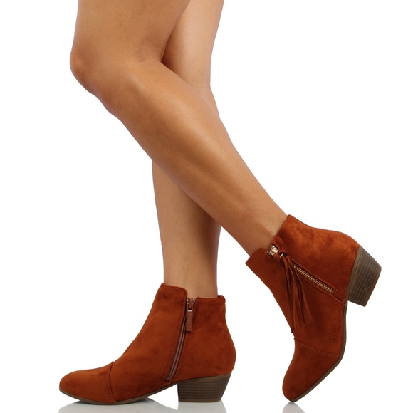 Tan faux suede tassel fringe Low Heel ankle boot - Picture 6 of 6